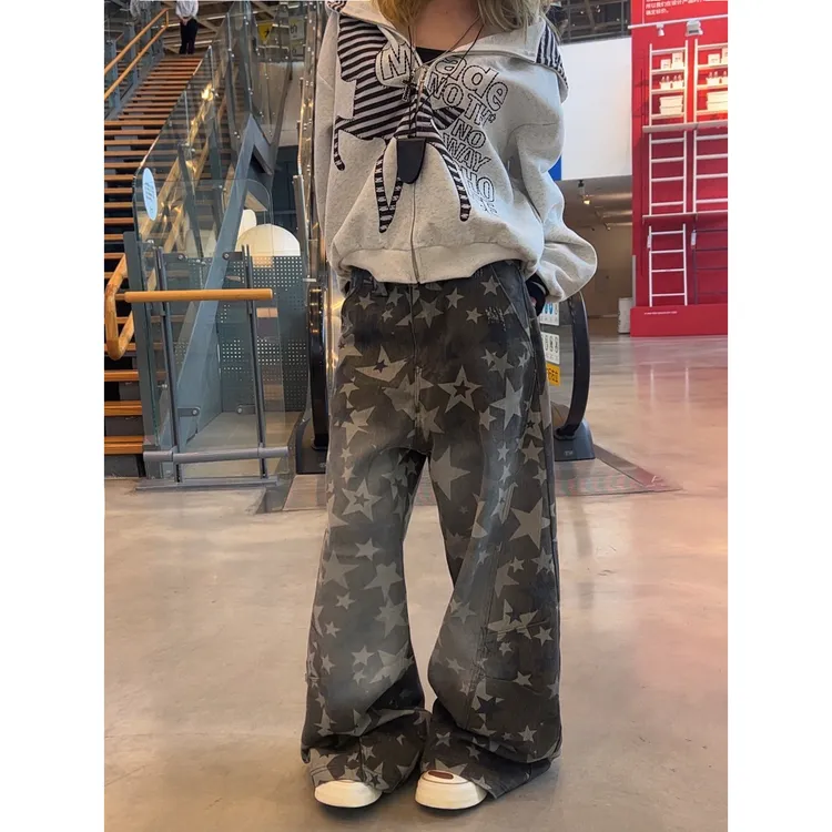 美式复古星星印花工装裤女秋季扎染高腰宽松阔腿拖地坠感长裤子潮