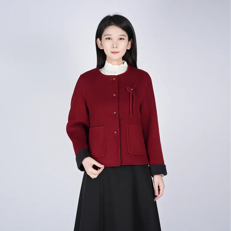 中式绵羊毛山羊绒经典时尚优雅纯色短款外套毛呢大衣WH05007857