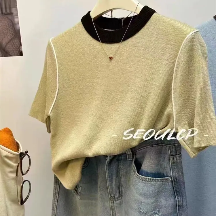 韩版chic正肩针织短袖t恤女夏季2025新款设计感小众修身短款上衣