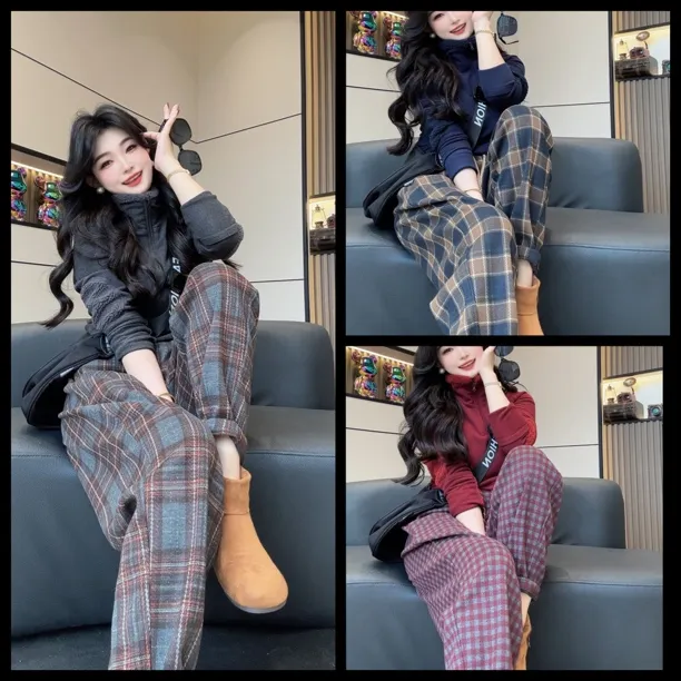 【芳雅】加绒加厚欧韩版复古简约百搭格子毛呢显瘦哈伦九分裤25501