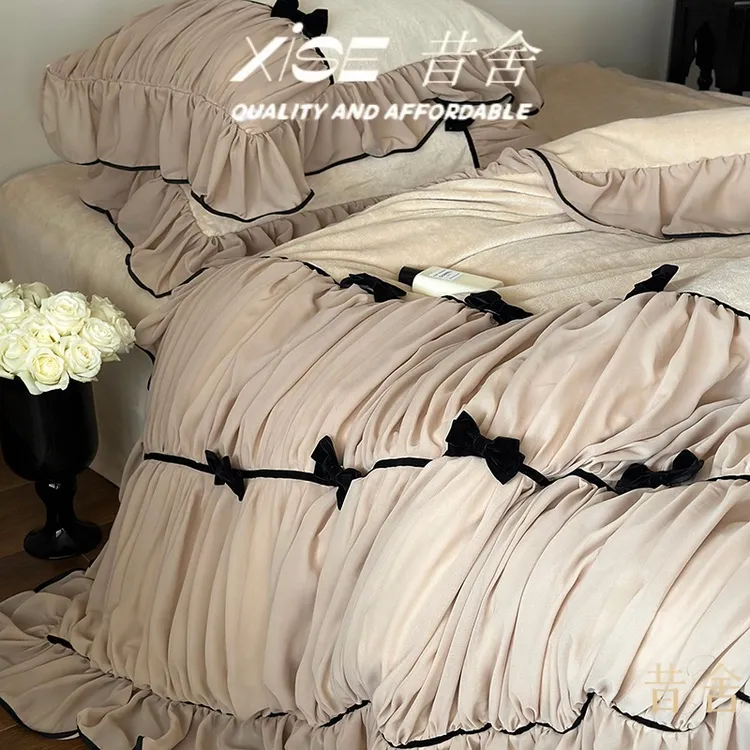 法式公主风100S加厚牛奶绒四件套蝴蝶结被套少女1.8m床单床上用品