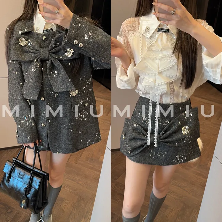 【mimius】P 26早春静奢千金重工蝴蝶结毛呢西装+衬衫+裙裤 G11206
