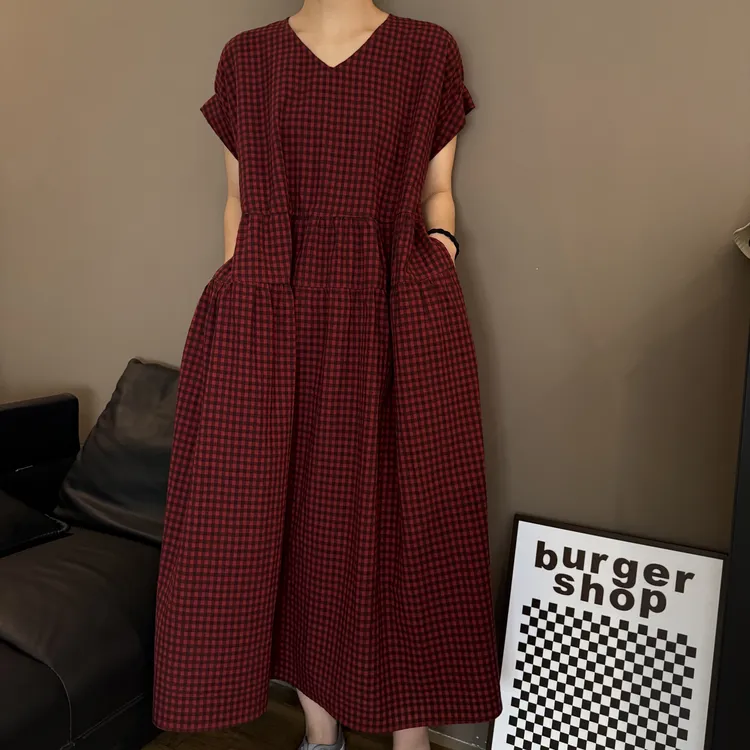 夏季双色棉麻简约宽松短袖休闲格子连衣裙-25129