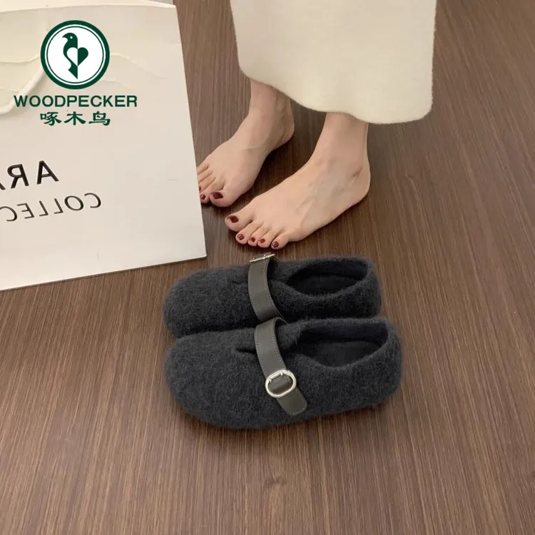 啄木鸟复古圆头带毛绒玛丽珍鞋保暖加绒毛毛鞋女外穿秋冬勃肯棉鞋