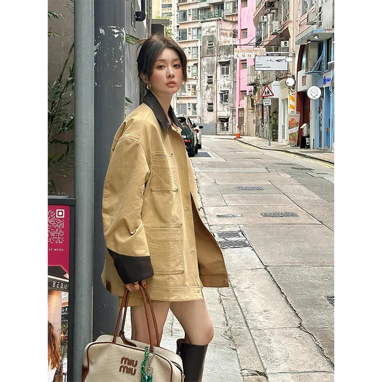 临典卡其色皮翻领外套女2025春秋新款美式工装风廓形巴恩风衣夹克