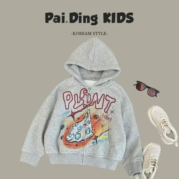 男女童春装拉链涂鸦卫衣外套春秋季2025新款儿童潮嘻哈风连帽上衣