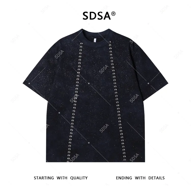 夏季高级感新款男士潮牌满天星立体刺绣线条设计圆领短袖T恤时尚