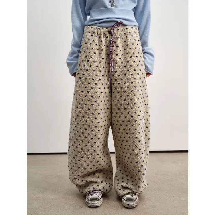 美式复古波点摇粒绒香蕉卫裤女冬季新款保暖加厚加绒宽松休闲裤子