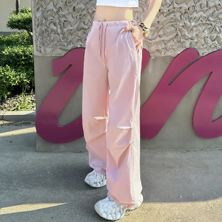 美式速干工装裤女2025夏季薄款抽绳松紧腰休闲阔腿裤子女款