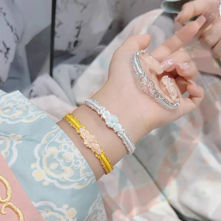 足银珐琅手镯 足银珐琅彩拉丝莺花手镯国潮新中式送女友生日礼物
