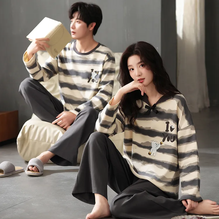 带胸垫秋冬季情侣睡衣纯棉长袖休闲家居服冬季韩版卡通可外穿套装