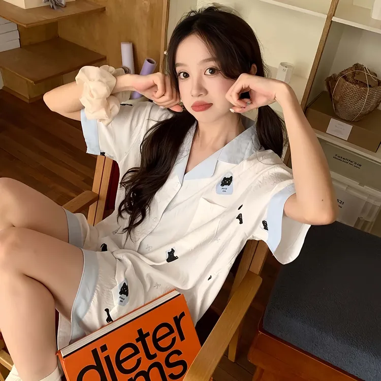 睡衣女夏季2025新款韩系撞色可爱猫咪开衫短袖短裤舒适宽松家居服