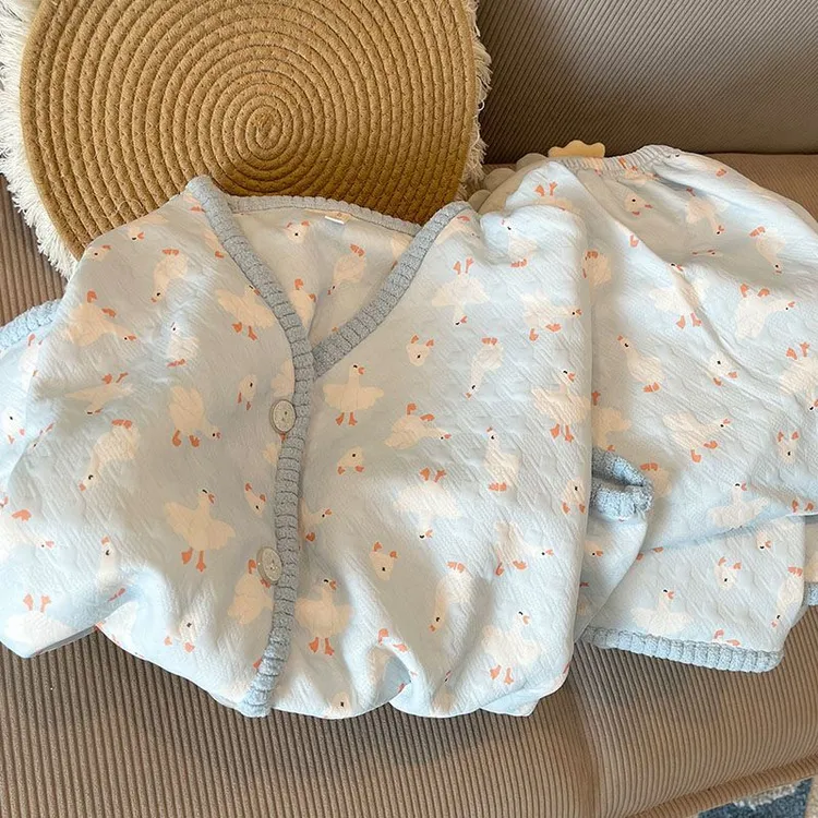 睡衣女款春秋冬季夹层空气棉蓝鹅加厚长袖套装卡通可爱少女家居服