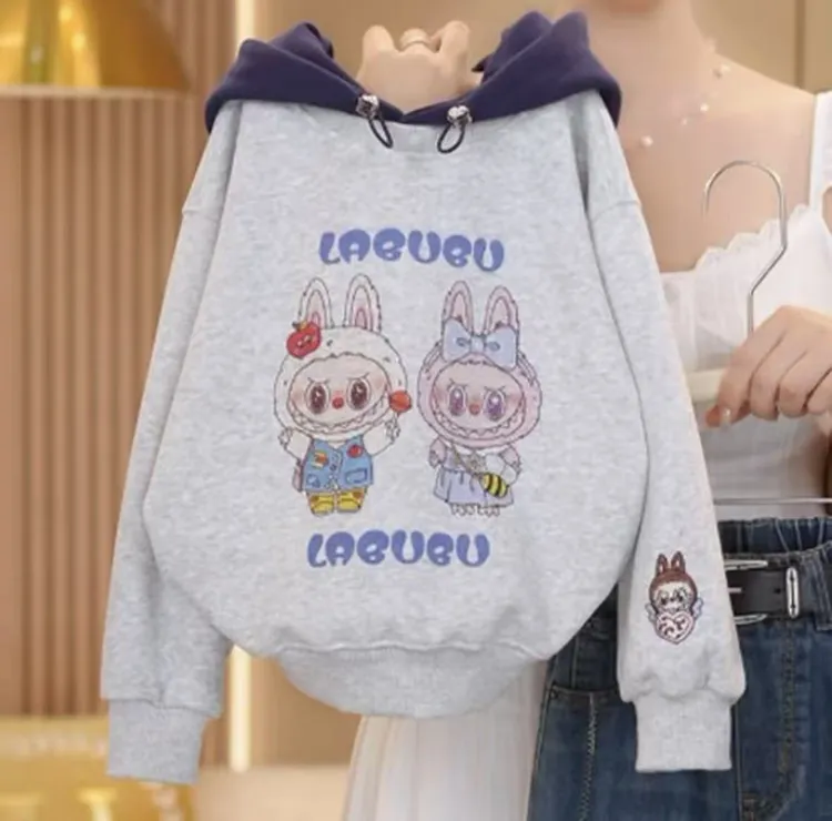 女童印花休闲拼色卫衣秋季=2025新款时尚韩系卡通连帽卫衣中大童