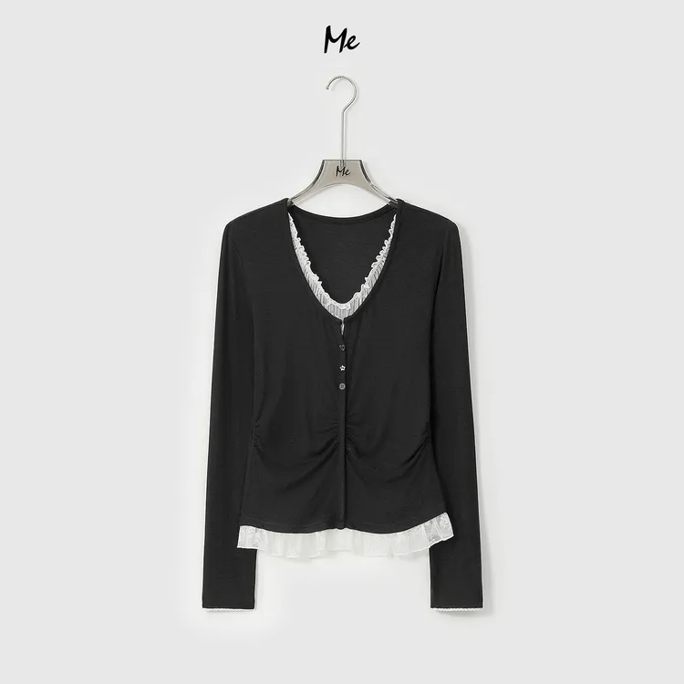 ME【午夜花影】超柔抽褶小蛮腰蕾丝拼接显瘦百搭时尚上衣MESA3334