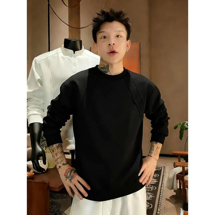 黑色解构正肩加绒卫衣男款冬季美式重磅长袖t恤内搭可外穿打底衫