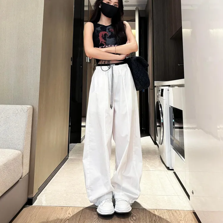 韩系撞色腰头休闲裤女夏季新款高腰宽松显瘦百搭气球弯刀裤长裤08
