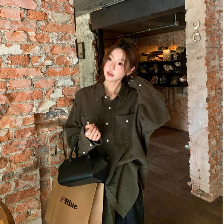 polo领长袖衬衫外套女秋季美式宽松气质百搭上衣休闲直筒半身裙子