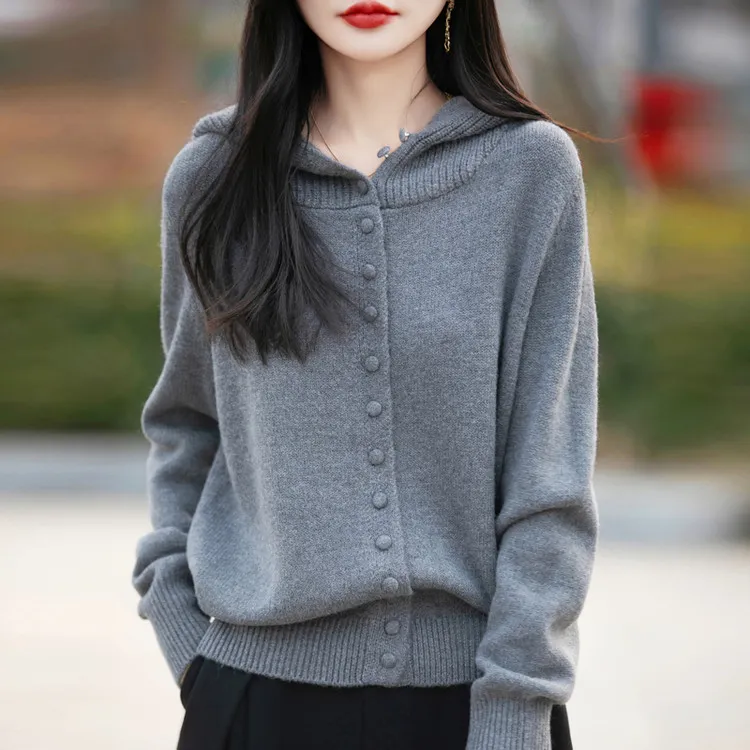 鄂尔多斯市纯100羊毛连帽针织开衫女纽扣毛衣外套春秋宽松卫衣女