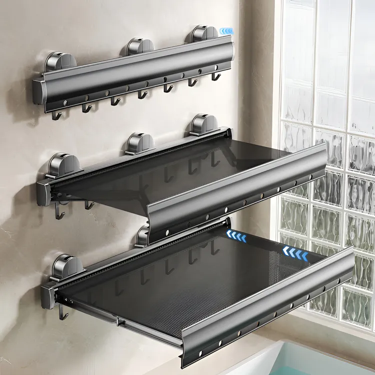 【三吸盘】浴室多功能置物架卫生间阻尼自动回缩壁挂折叠浴巾毛巾架