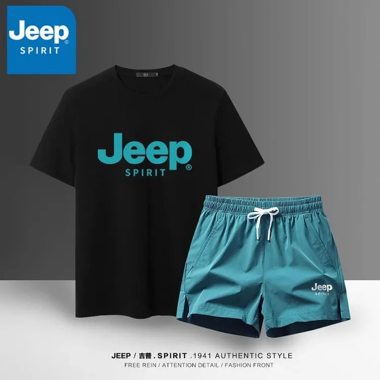 JEEP/吉普男士短袖T恤运动休闲套装2025新款夏季冰丝弹力三分裤子