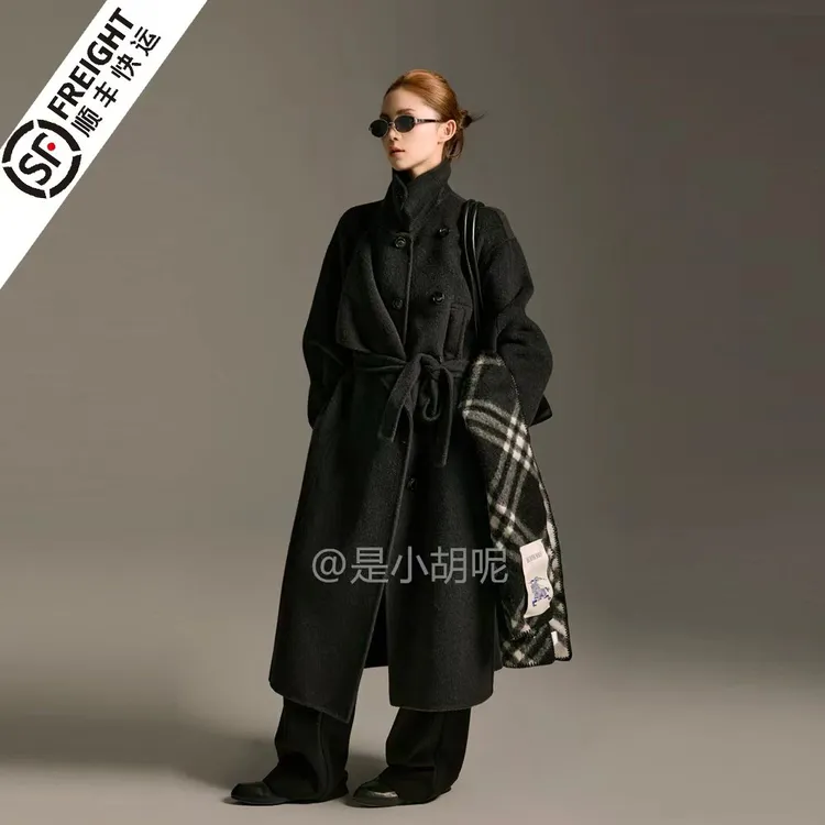 女士秋冬季气质绵羊毛双面呢纯手工长款毛呢外套重工双翻领设计款