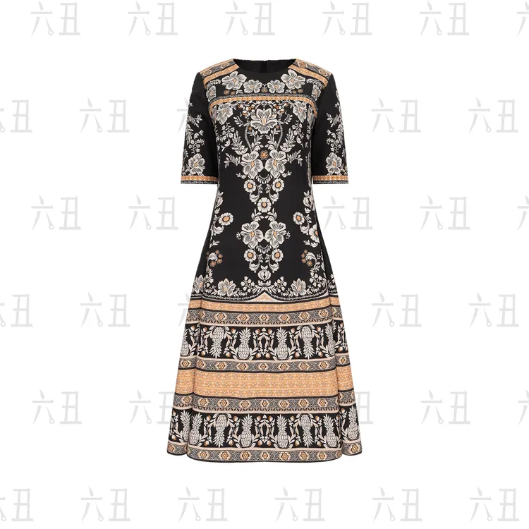 【六丑】新款时尚收腰显瘦气质复古印花羽毛裙型连衣裙508LYQ1082