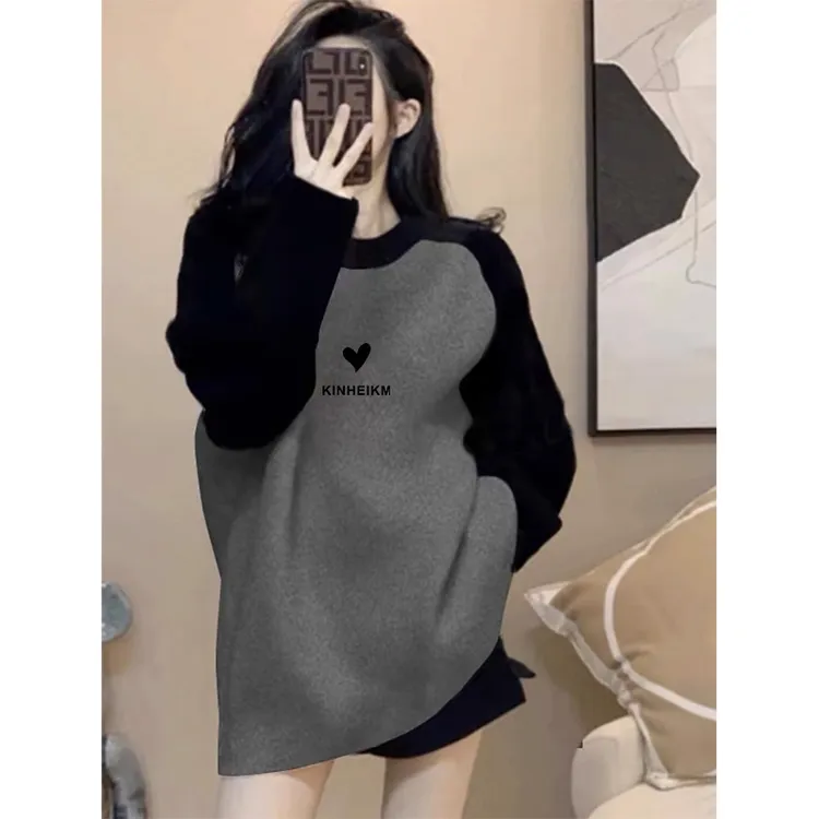 中长款宽松休闲搭配鲨鱼裤撞色德绒磨毛加厚长袖t恤女装百搭上衣