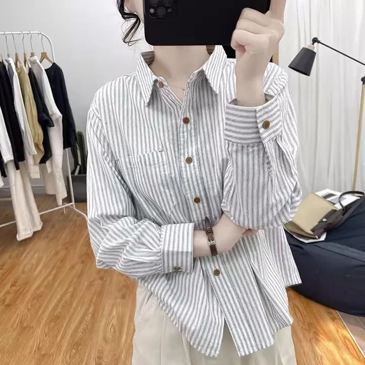 春秋女装时尚新款拼接宽松纽扣纯棉条纹Polo领休闲百搭简约衬衫潮
