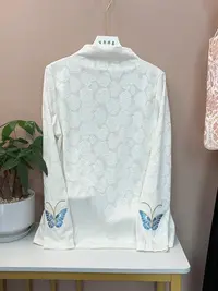 【蓝蝶玫瑰】新中式国风中领气质弹力刺绣打底衫玫瑰提花长袖T恤女