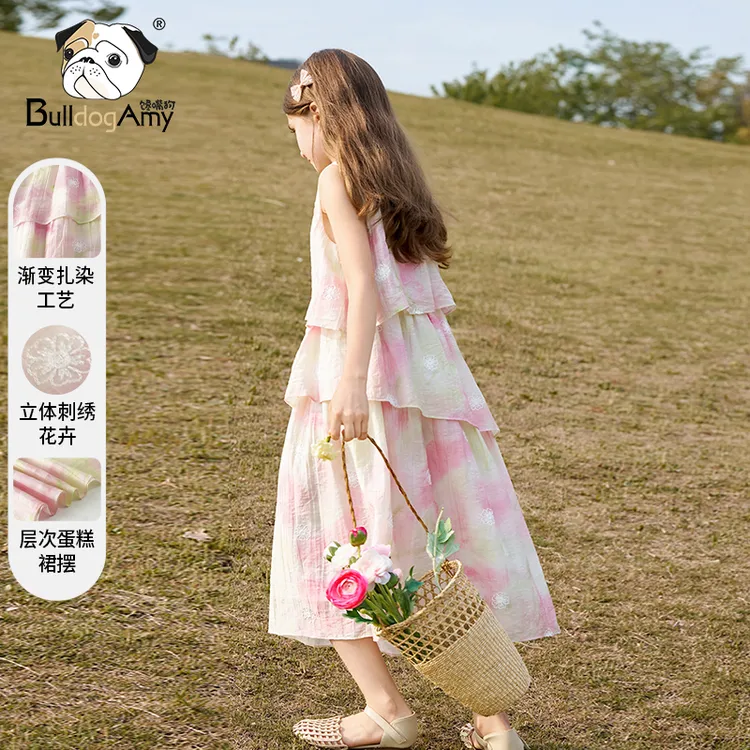 女童水彩渐变波浪连衣裙2025夏季新款小女孩无袖度假风层次公主裙