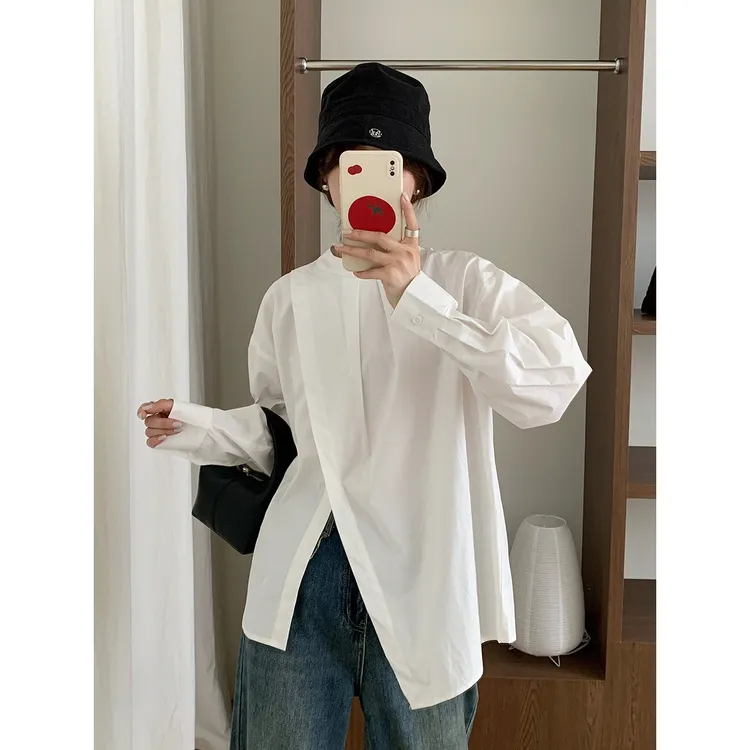 秋季新款法式圆领泡泡袖衬衫女小个子纯棉宽松设计感小众开叉上衣