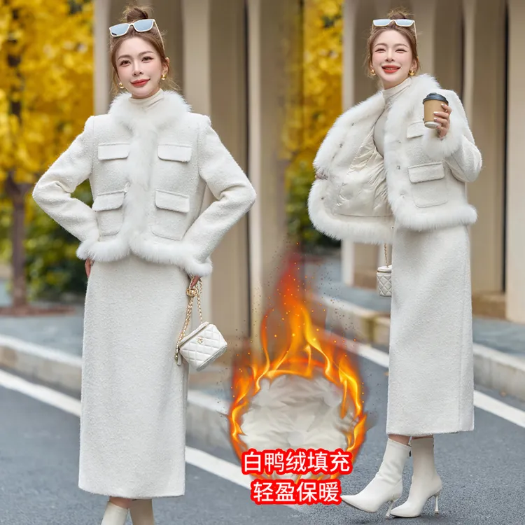 2025秋冬穿搭洋气百搭女装财阀千金法式小香风重工花朵套装白鸭绒