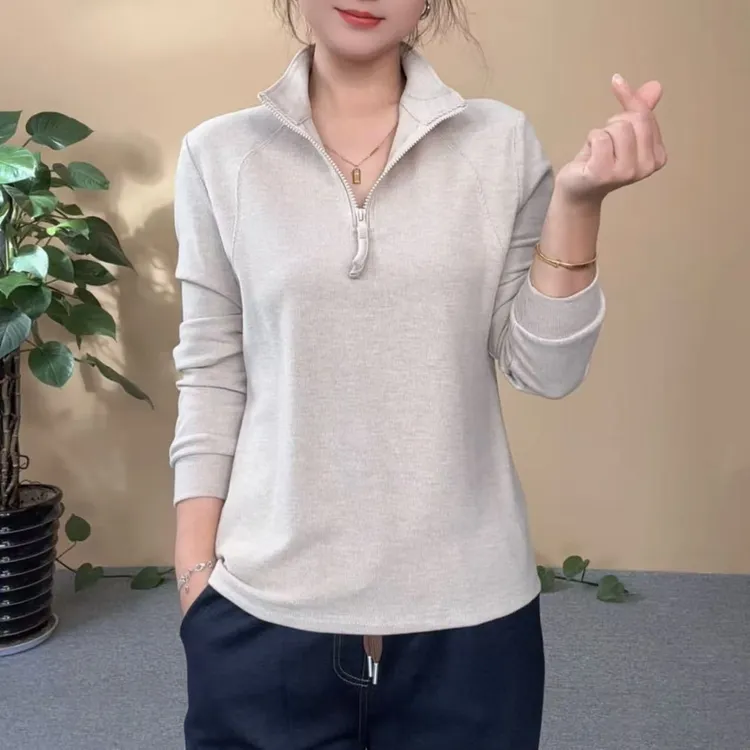 半拉链立领卫衣女纯色打底衫中年妈妈宽松休闲上衣