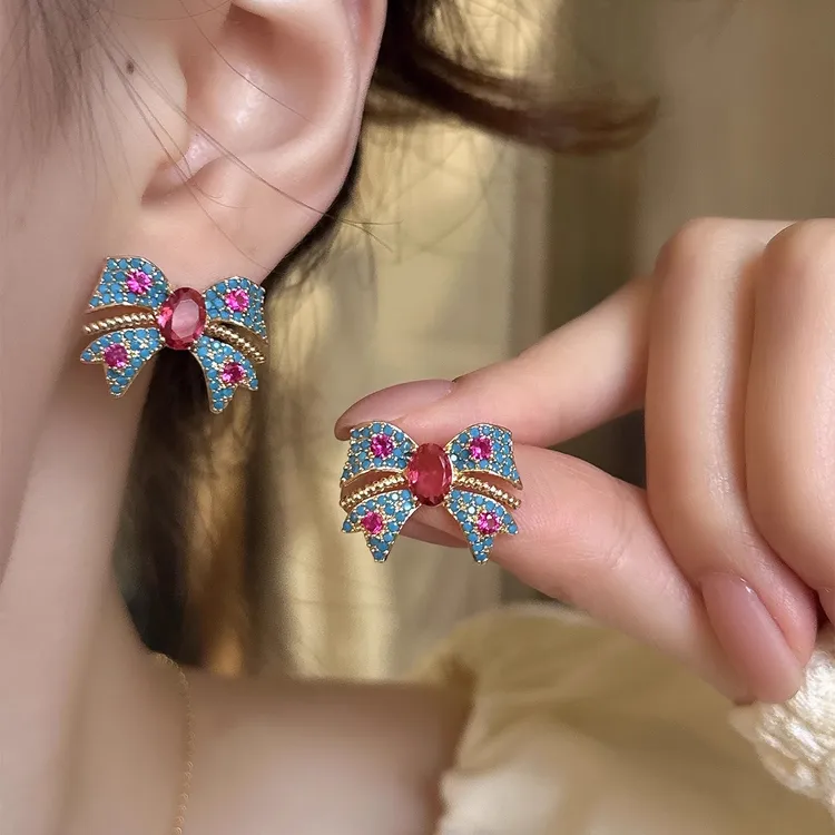 铜合金耳饰 复古红蓝撞色蝴蝶结耳钉女2025新款耳环轻奢高级耳饰 