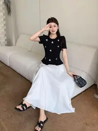 邹先森25176-30杭州品牌重工花朵订珠显瘦短袖高腰半身裙两件套