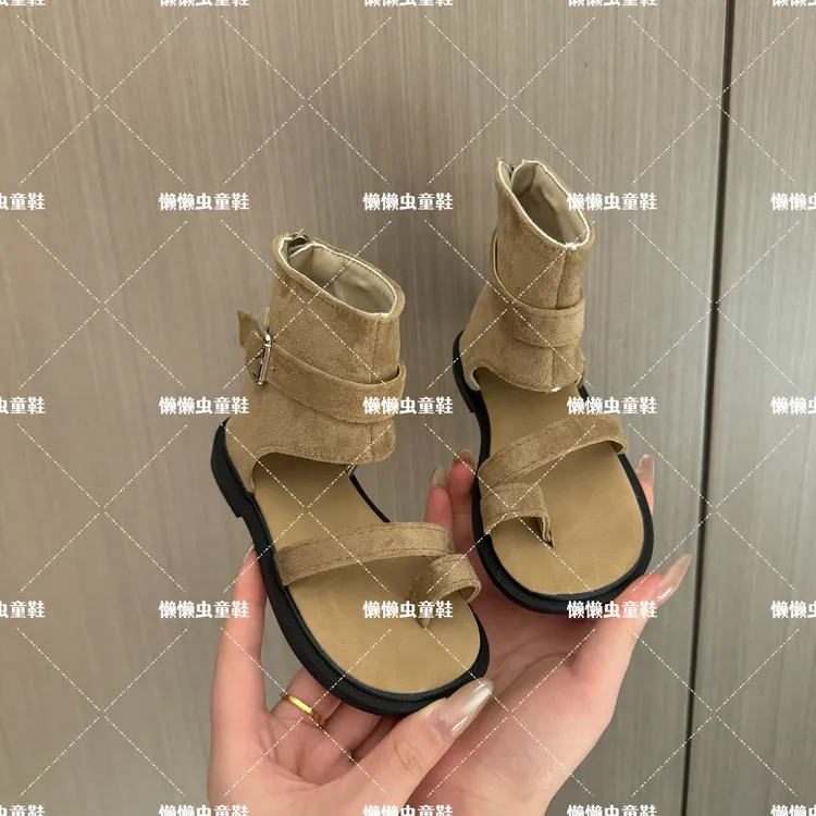 懒懒虫家【沙丘晚风】儿童复古凉靴女童百搭褶皱露趾堆堆靴罗马凉鞋