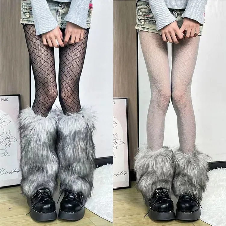 辣妹穿搭秘诀!千禧毛绒袜套y2k小腿袜女原宿风保暖长毛靴套腿套