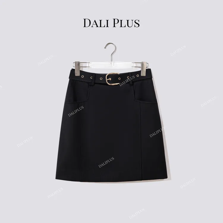 DALI PLUS“黑金腰带羊毛呢半裙”设计A字短裙-D5ST1481