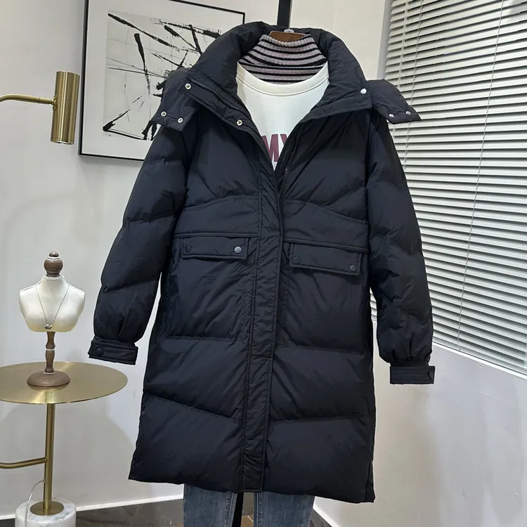 2025年新款韩版羽绒服女士中长款白鸭绒宽松连帽显瘦百搭外套潮