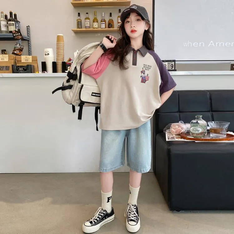 女童短袖套装夏季2025新款儿童夏装POLO衫女大童洋气T恤牛仔中裤