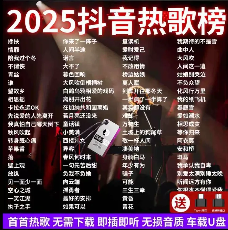 热门歌曲无损高音质优盘2025网络最新款抖音流行网红新歌车载U盘