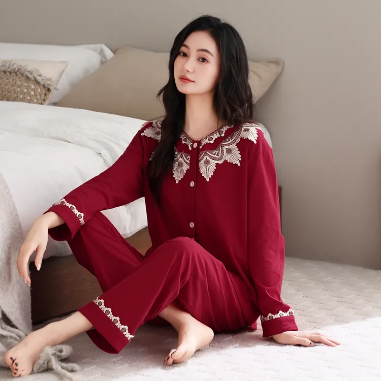 睡衣女款爆款2025新款套装纯棉春秋女士大码红色酒红本命年家居服