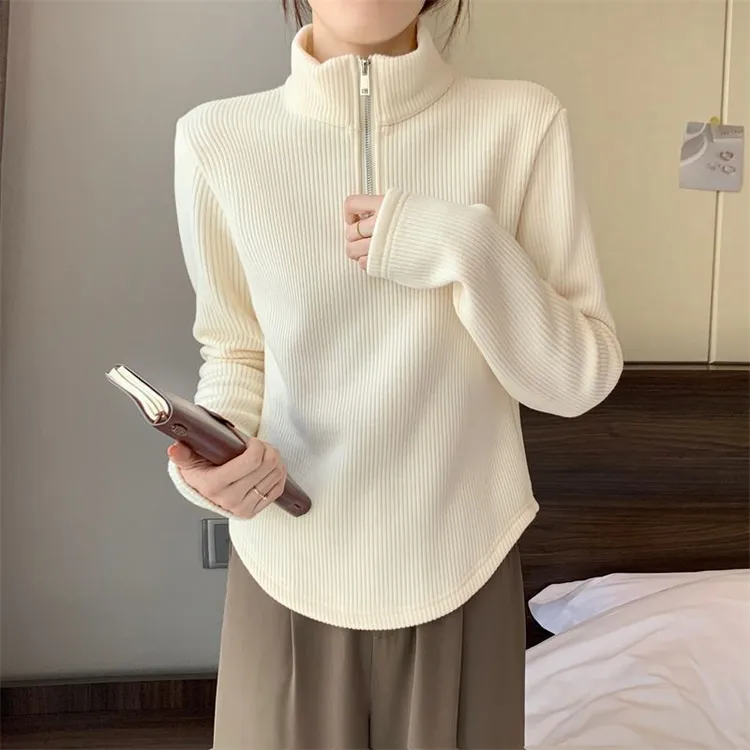 大码半拉链坑条叠穿打底衫女秋冬季新款宽松显瘦保暖长袖上衣女装