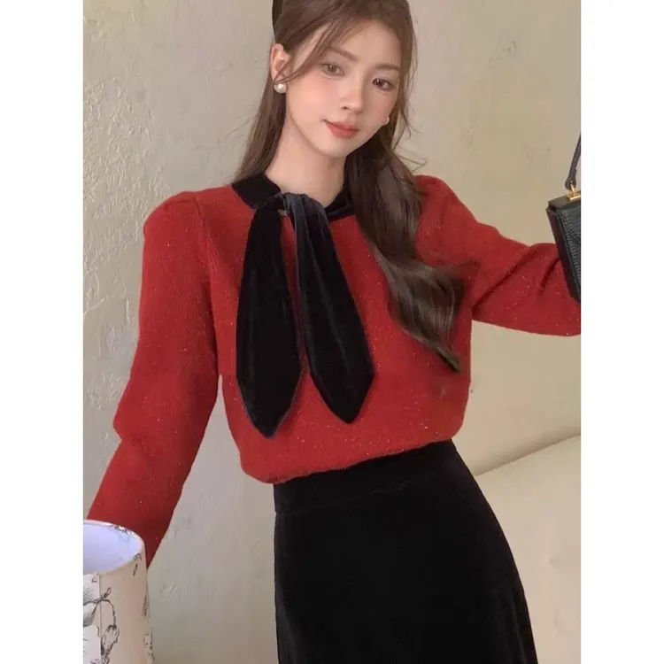 新款时尚高级感系带领针织衫女装复古丝绒领小众上衣毛衣显瘦9006