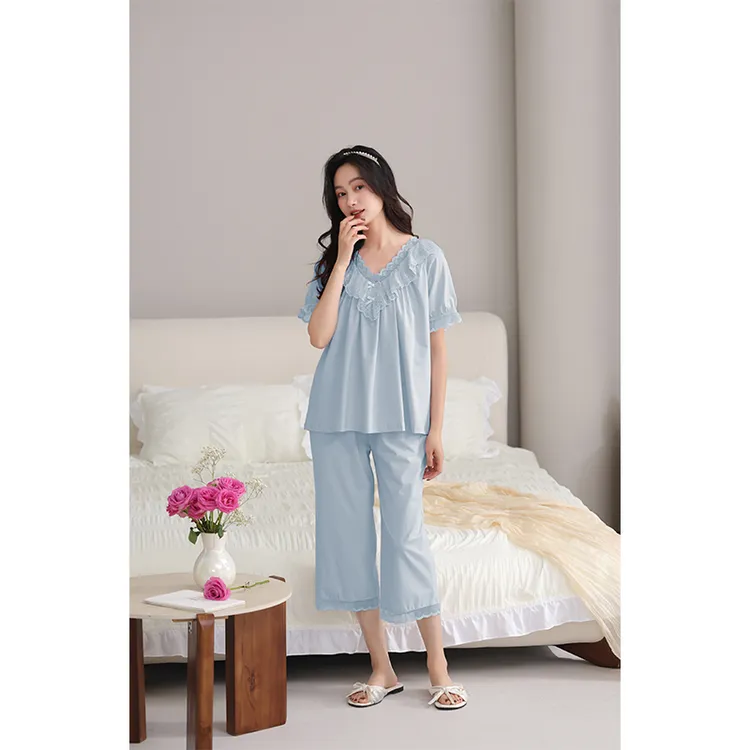 2025夏季新款短袖八分裤睡衣女士拉架爽棉宫廷风家居服减龄高级感