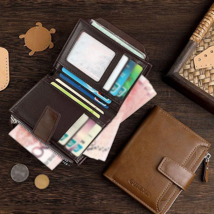 复古风钱包男短款皮革质感男士多卡位皮夹拉链零钱位独立卡包钱夹