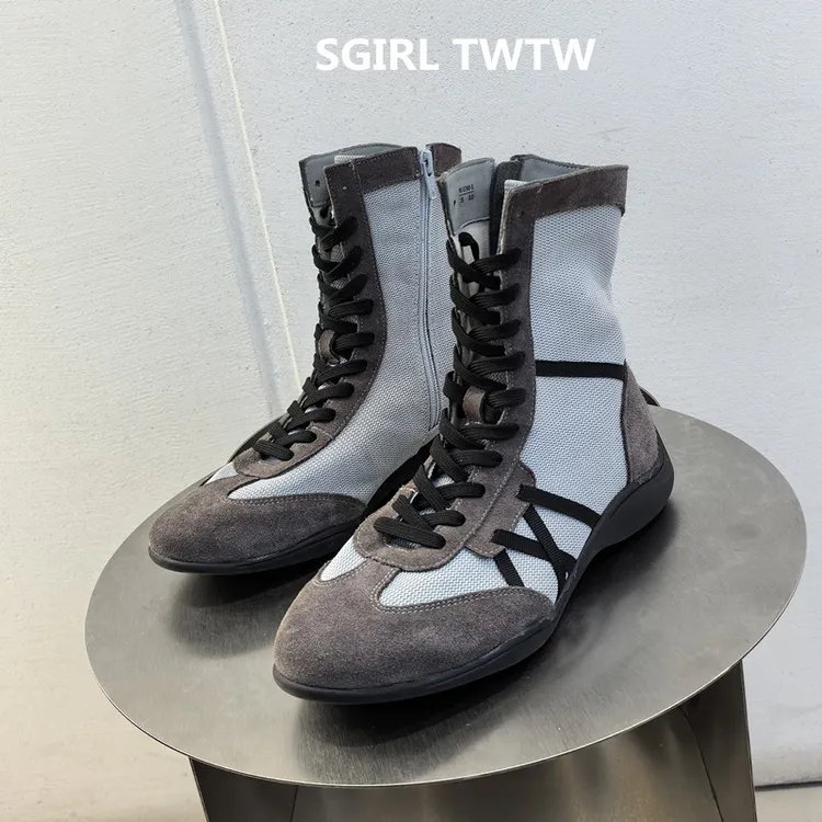 SGIRL TWTW2025年新款真皮拼布透气绑带低筒短靴子时装靴凉靴女靴