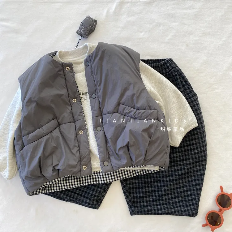 【我是小童】纯色立体小熊刺绣棉马甲男童秋冬格子双面穿坎肩女童