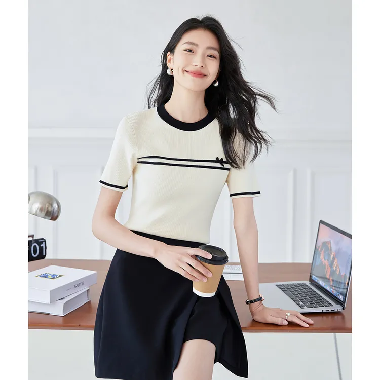 OSA/欧莎 撞色蝴蝶结针织衫正肩女士t恤短袖女夏季S125B16002